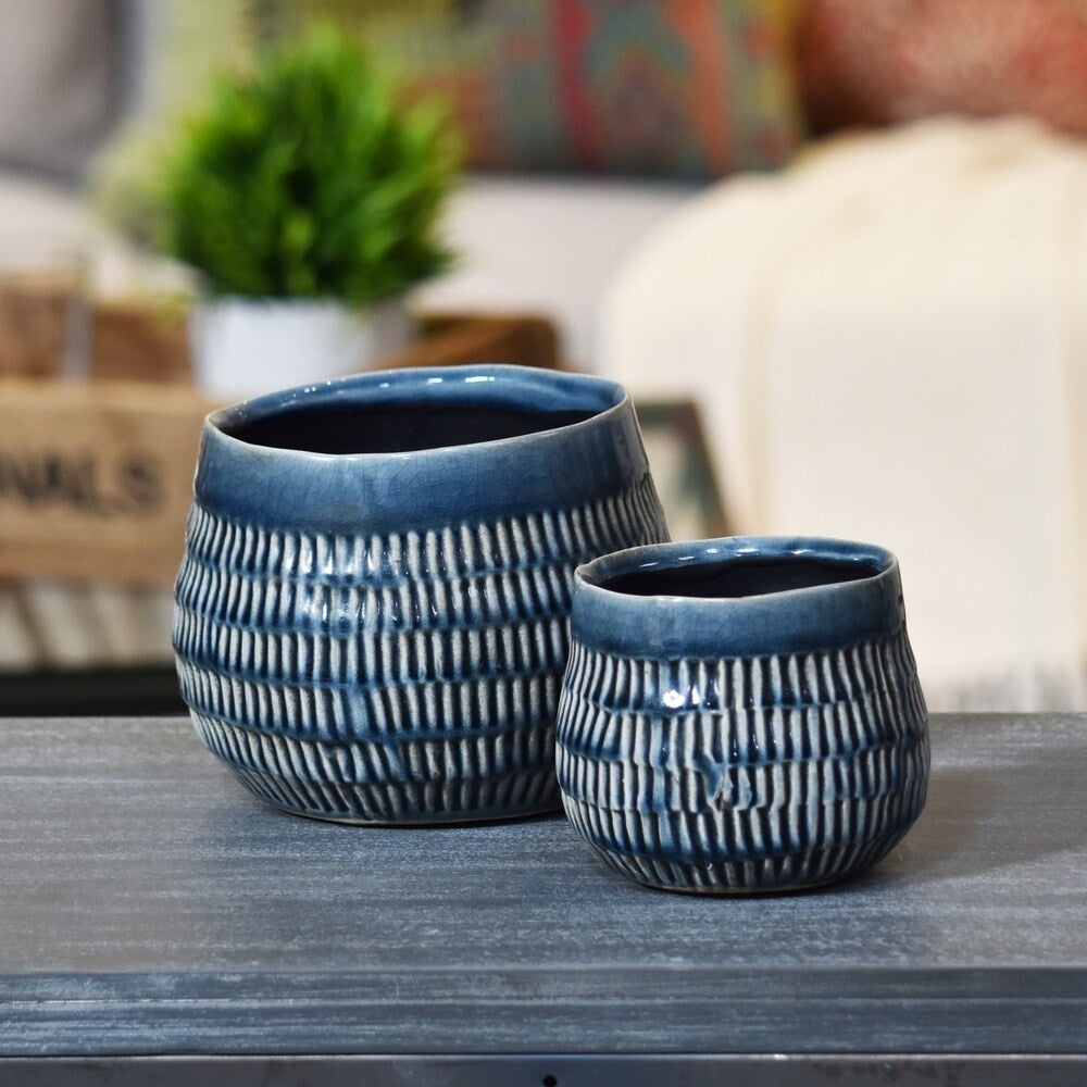 UTC51612: Ceramic Round Vase with Embossed Rectangle Design Body and Tapered Bottom Set of Two Gloss Finish Blue