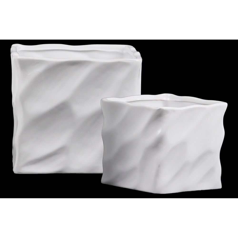 UTC55406: Ceramic Square Pot with Embossed Wave Design Body and Lips Set of Two LG Matte Finish White