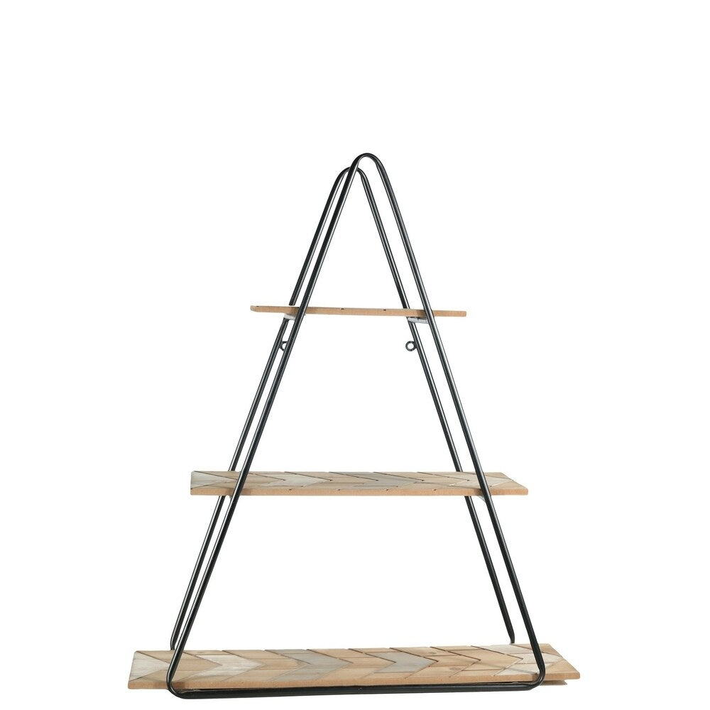 UTC57843: Metal Triangle Wall Shelf with Carved Wood Surface Design Tiers Painted Finish Black - N/A