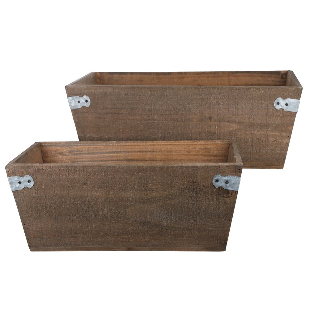 UTC61006: Wood Rectangle Planter Basket with Corner Metal Sheet Design Body Natural Finish Brown