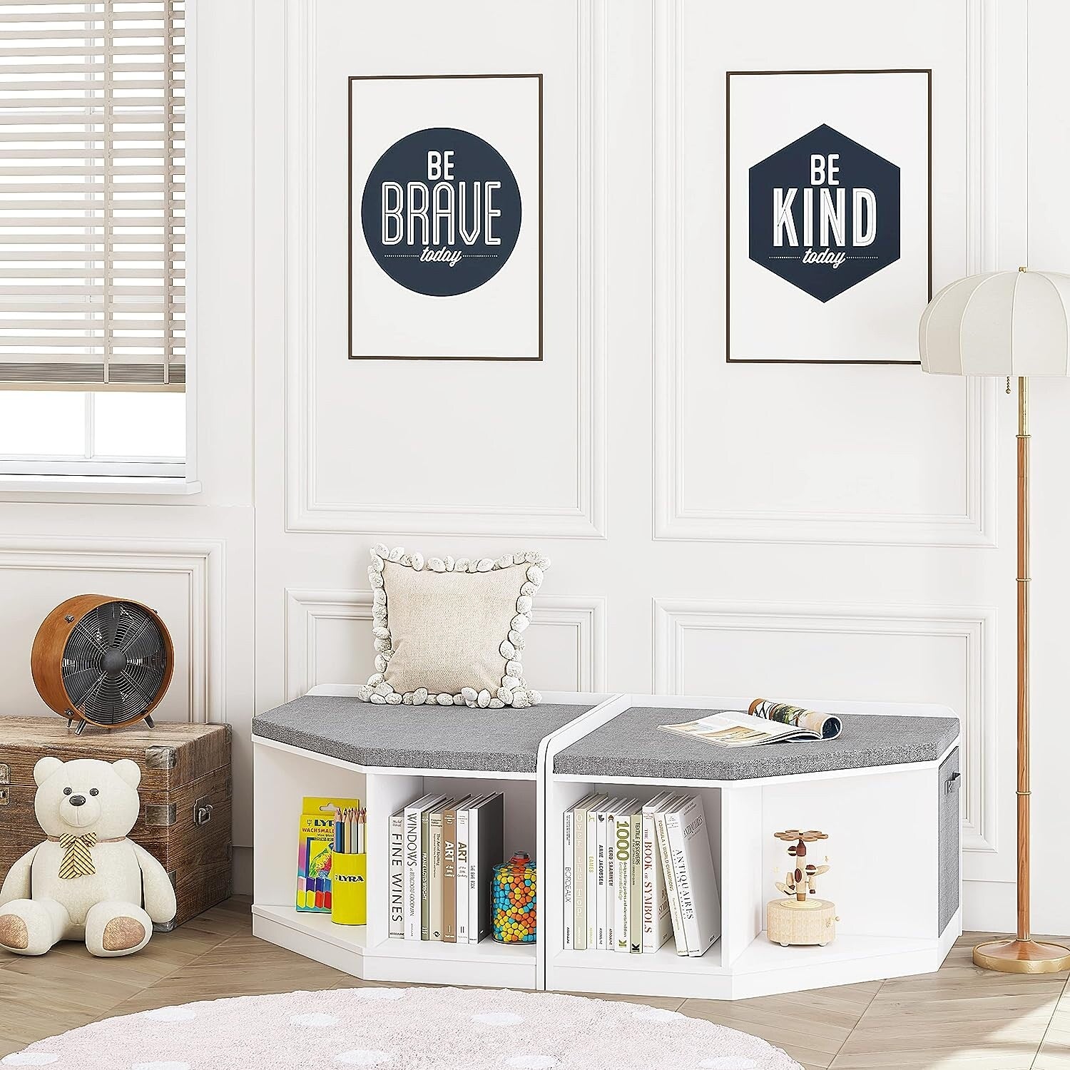 UTEX Corner Reading Nook Bench with Storage Corner Cabinet with 3 Cu Overstock