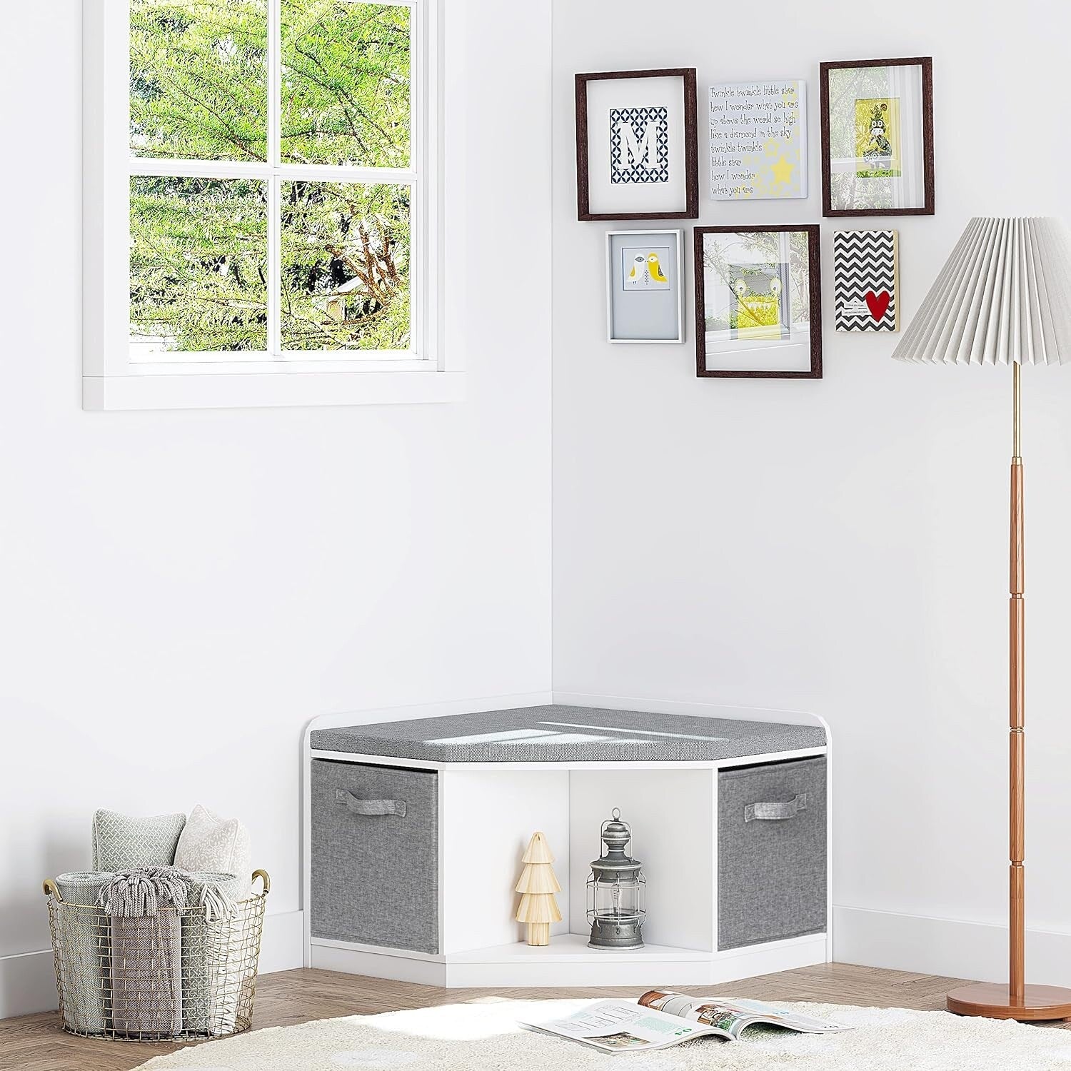 UTEX Corner Reading Nook Bench with Storage Corner Cabinet with 3 Cu