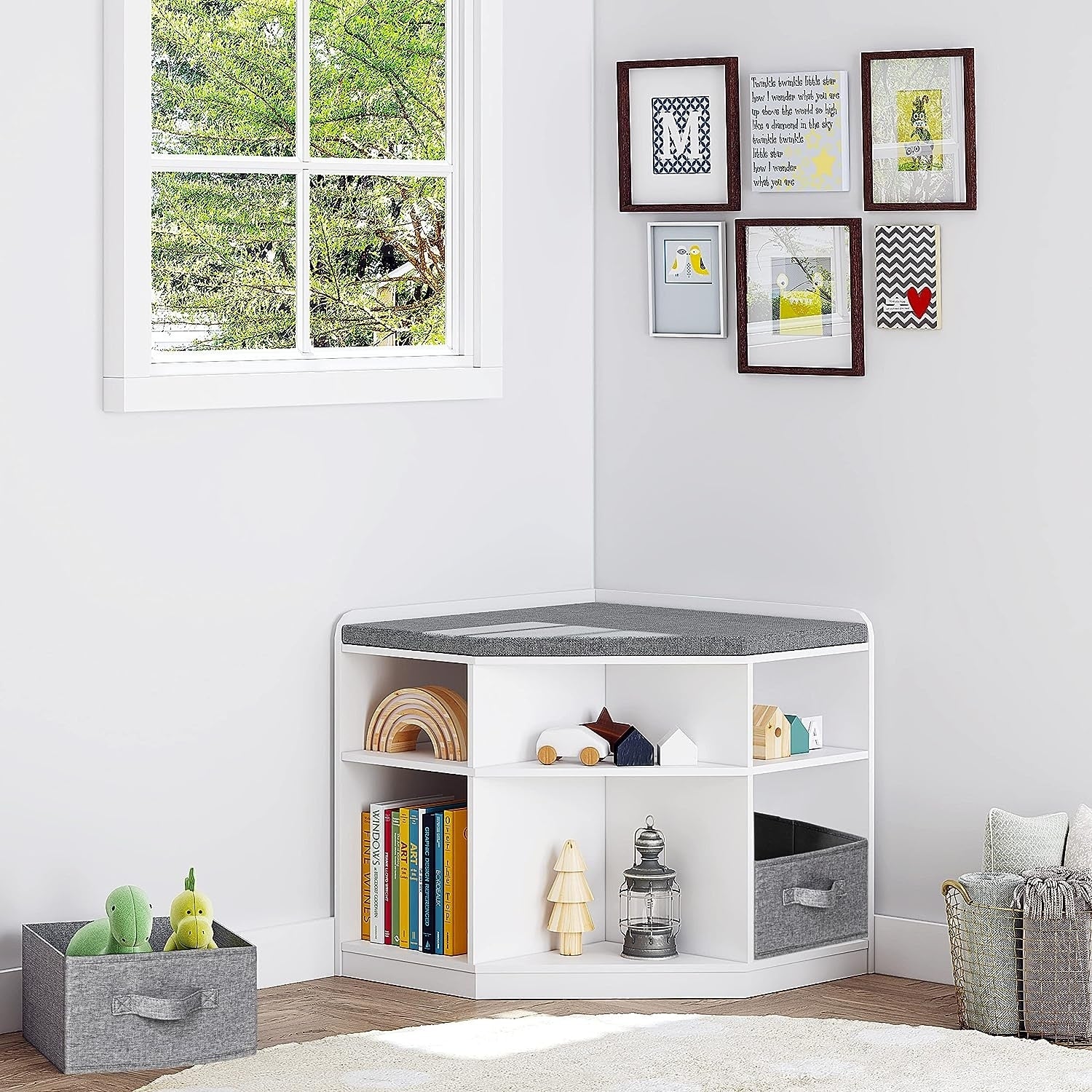 UTEX Corner Reading Nook Bench with Storage Corner Cabinet with 3 Cu