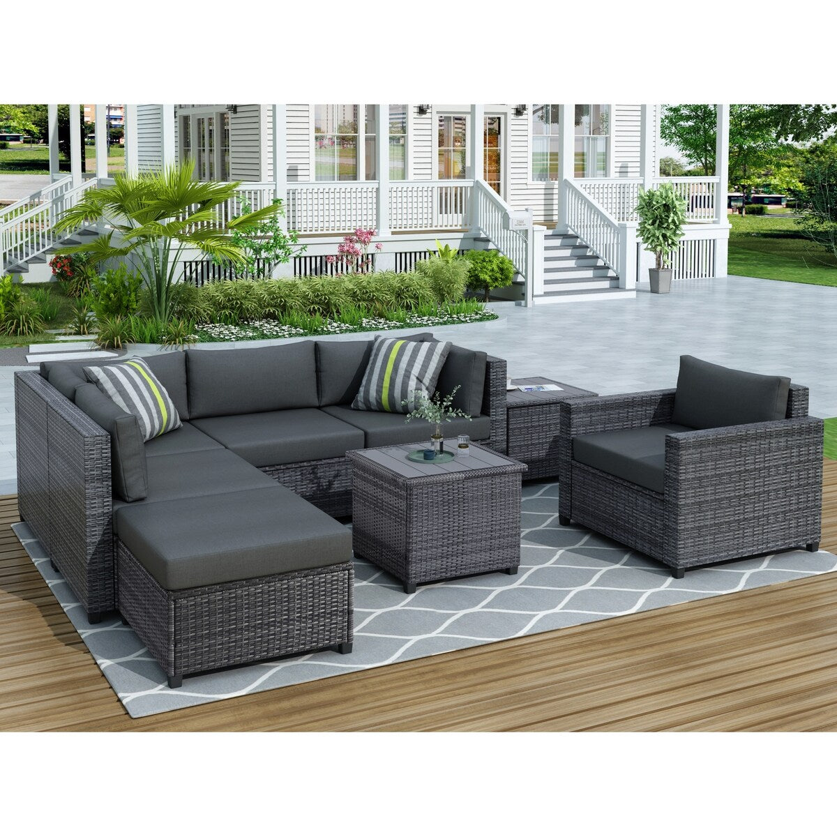 U_Style 8 Piece Rattan Sectional Seating Group with Cushions, Patio Furniture Sets, Outdoor Wicker Sectional