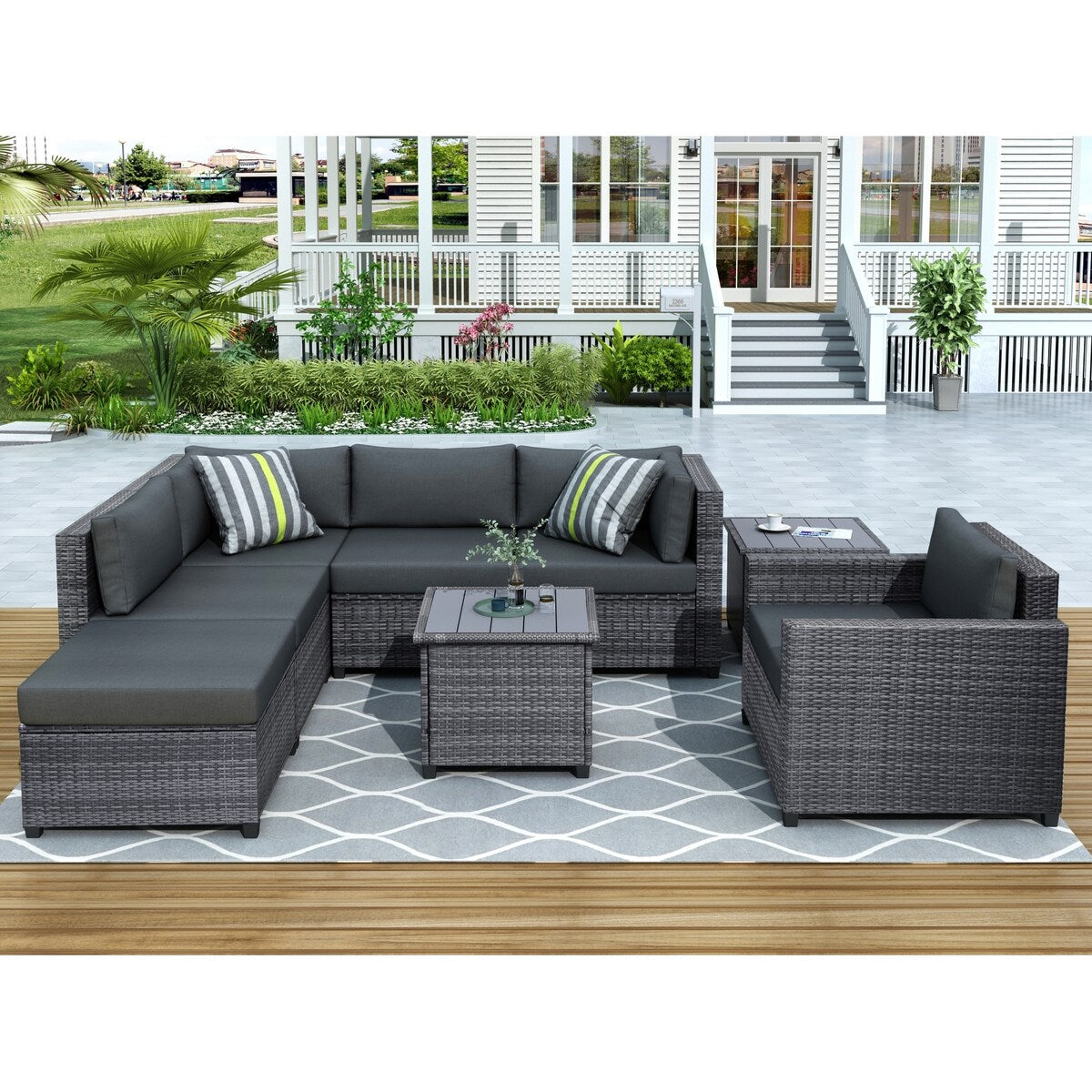 U_Style 8 Piece Rattan Sectional Seating Group with Cushions, Patio Furniture Sets, Outdoor Wicker Sectional