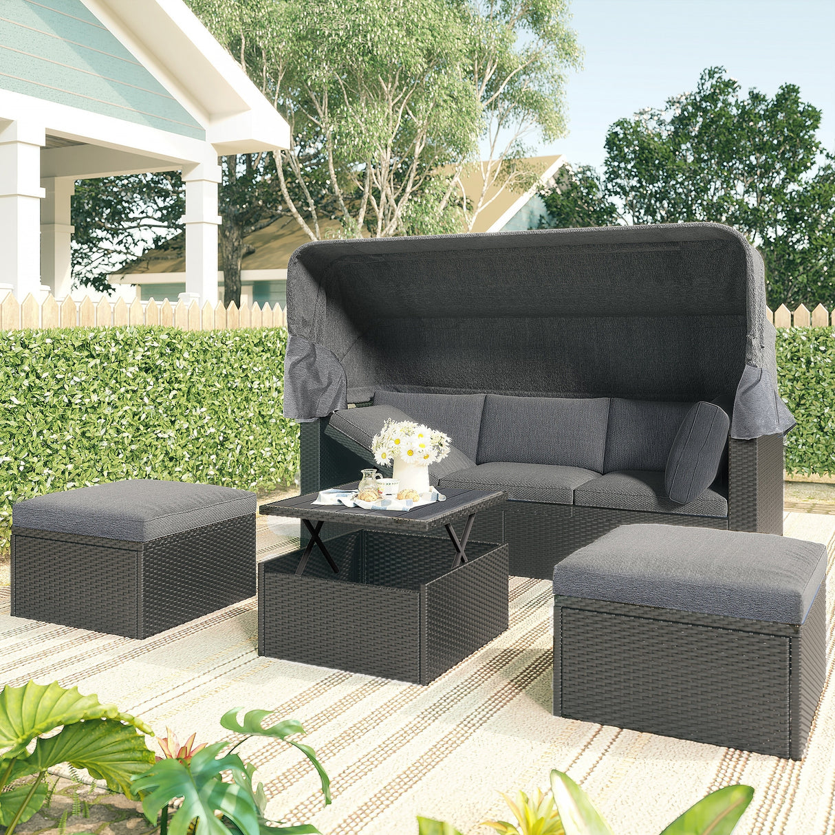 HOMEFUN Outdoor Rattan Wicker Patio Rectangle Daybed with Retractable Canopy