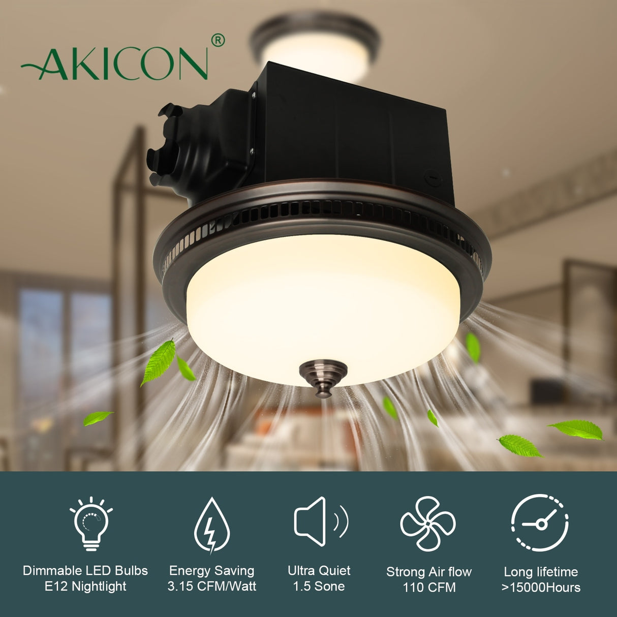 Ultra Quiet Bathroom Exhaust Fan with LED Light and Nightlight 110CFM 1.5 Sone Oil Rubbed Bronze Finish