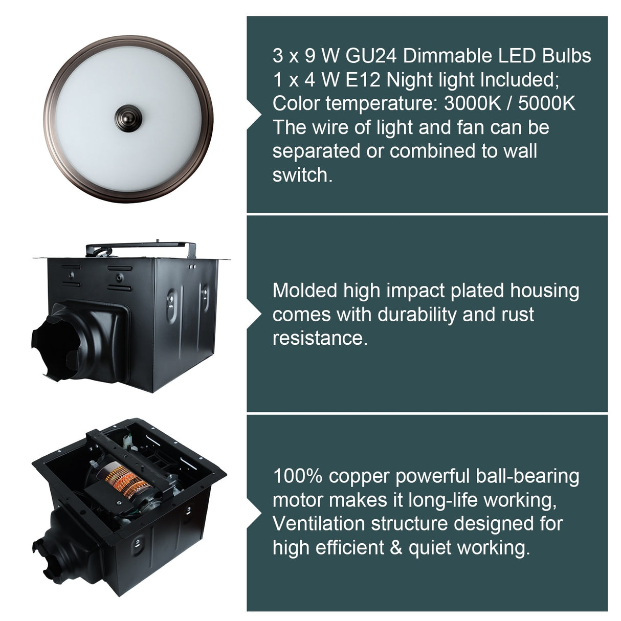 Ultra Quiet Bathroom Exhaust Fan with LED Light and Nightlight 110CFM 1.5 Sone Oil Rubbed Bronze Finish