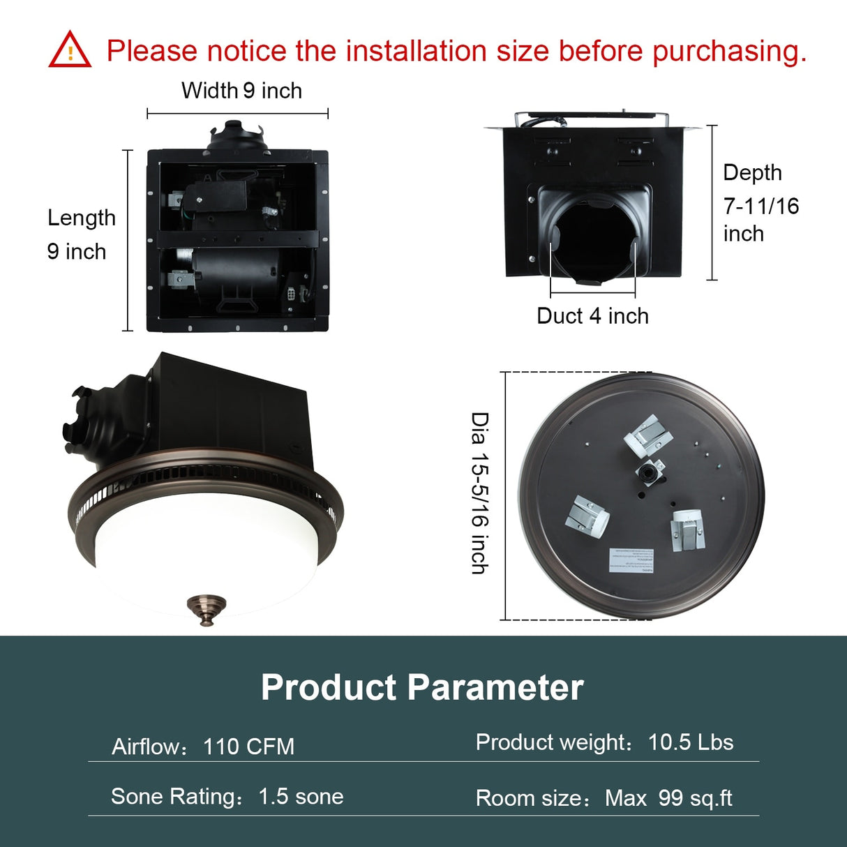 Ultra Quiet Bathroom Exhaust Fan with LED Light and Nightlight 110CFM 1.5 Sone Oil Rubbed Bronze Finish