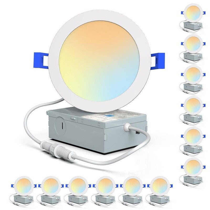 Ultra thin 6 in. Adjustable White 5CCT New Construction 110-Watt Equivalent Canless LED Recessed Lighting Kit 12 Pack