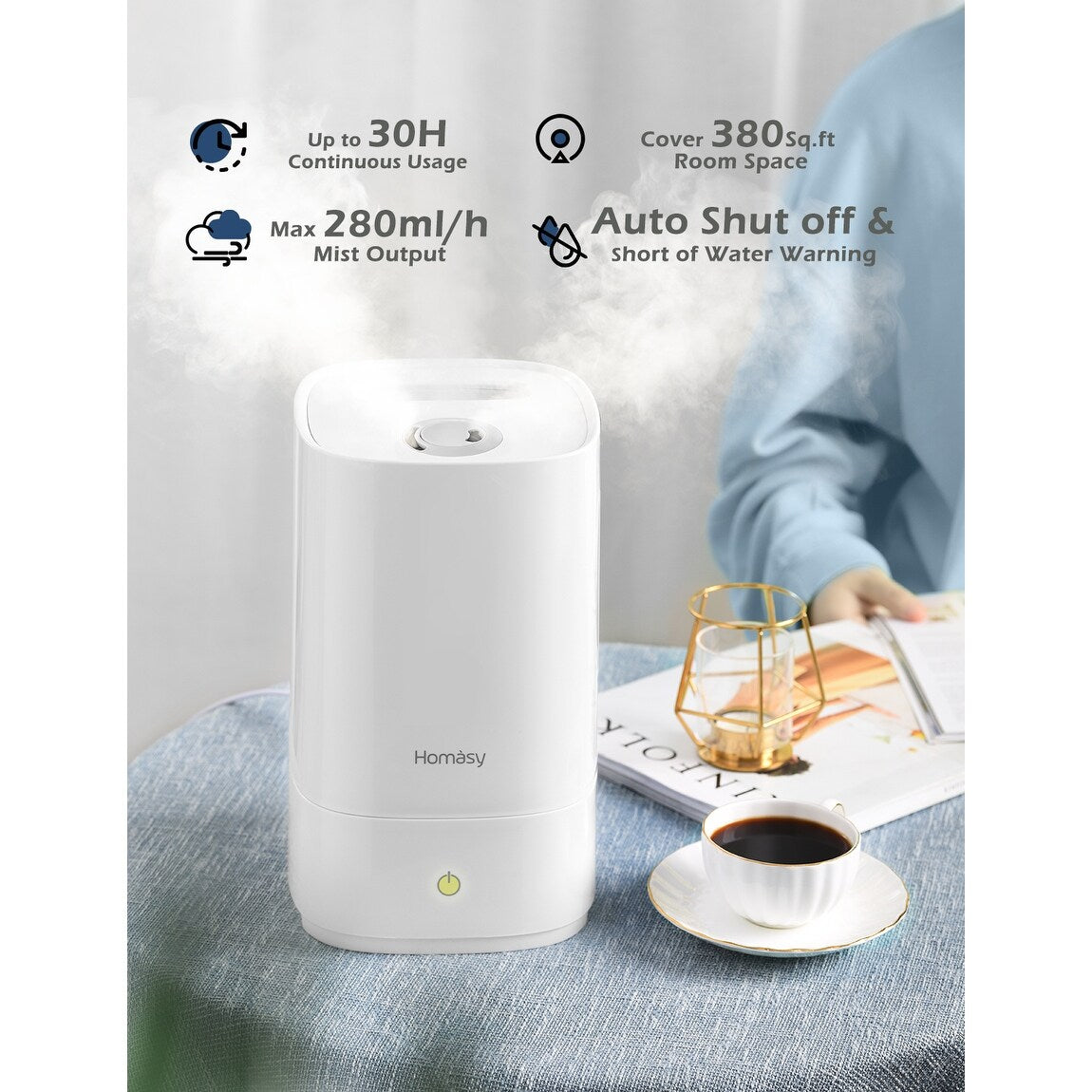 Homasy Ultrasonic Cool Mist Humidifier withAuto Shut-off, Night Light, 30h Working Time, Easy Clean