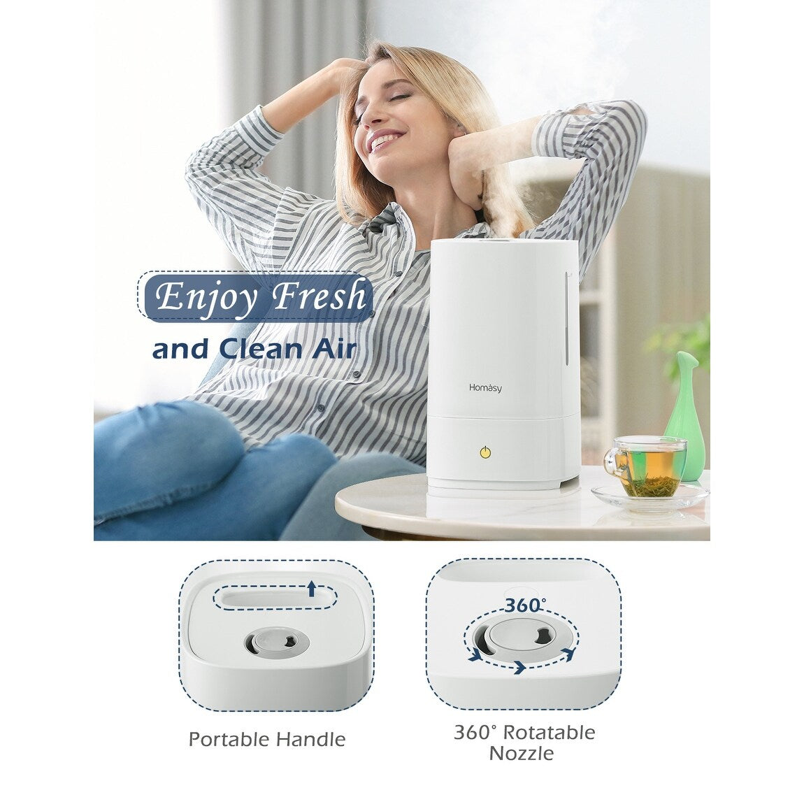 Homasy Ultrasonic Cool Mist Humidifier withAuto Shut-off, Night Light, 30h Working Time, Easy Clean