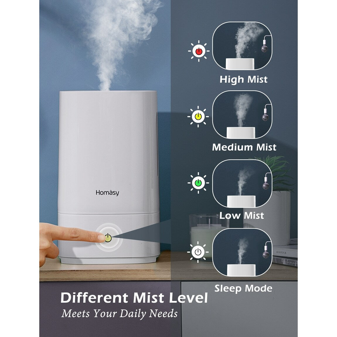 Homasy Ultrasonic Cool Mist Humidifier withAuto Shut-off, Night Light, 30h Working Time, Easy Clean