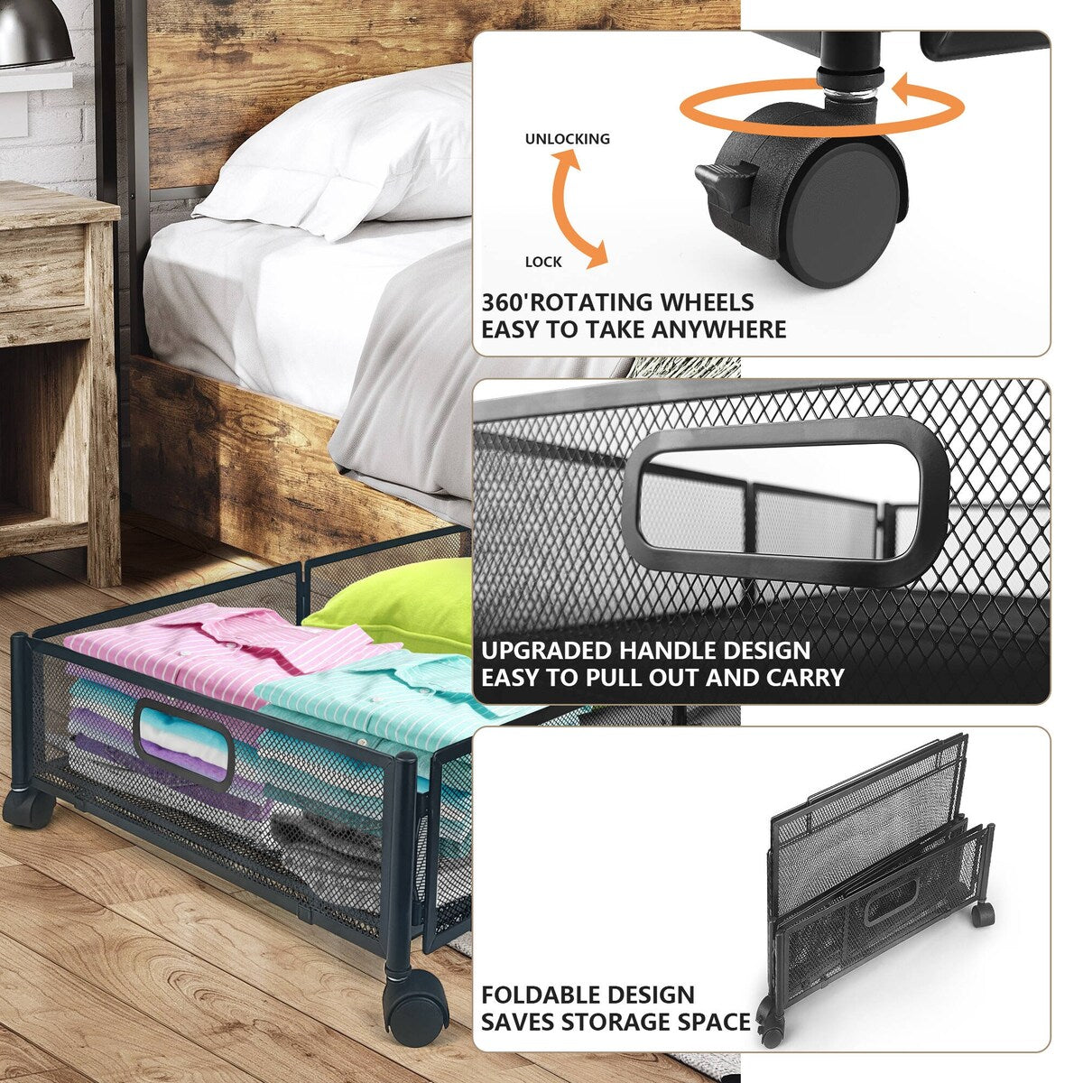 Under Bed Storage Containers With Wheels(2 Pack,black/white)