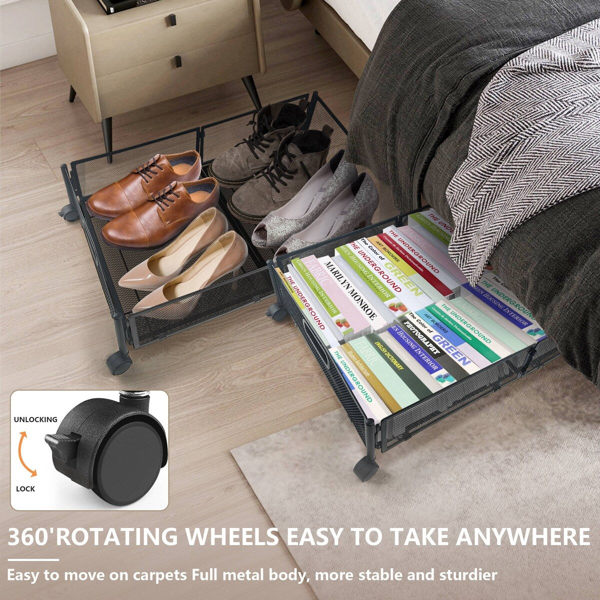 Under Bed Storage Containers With Wheels(2 Pack,black/white)