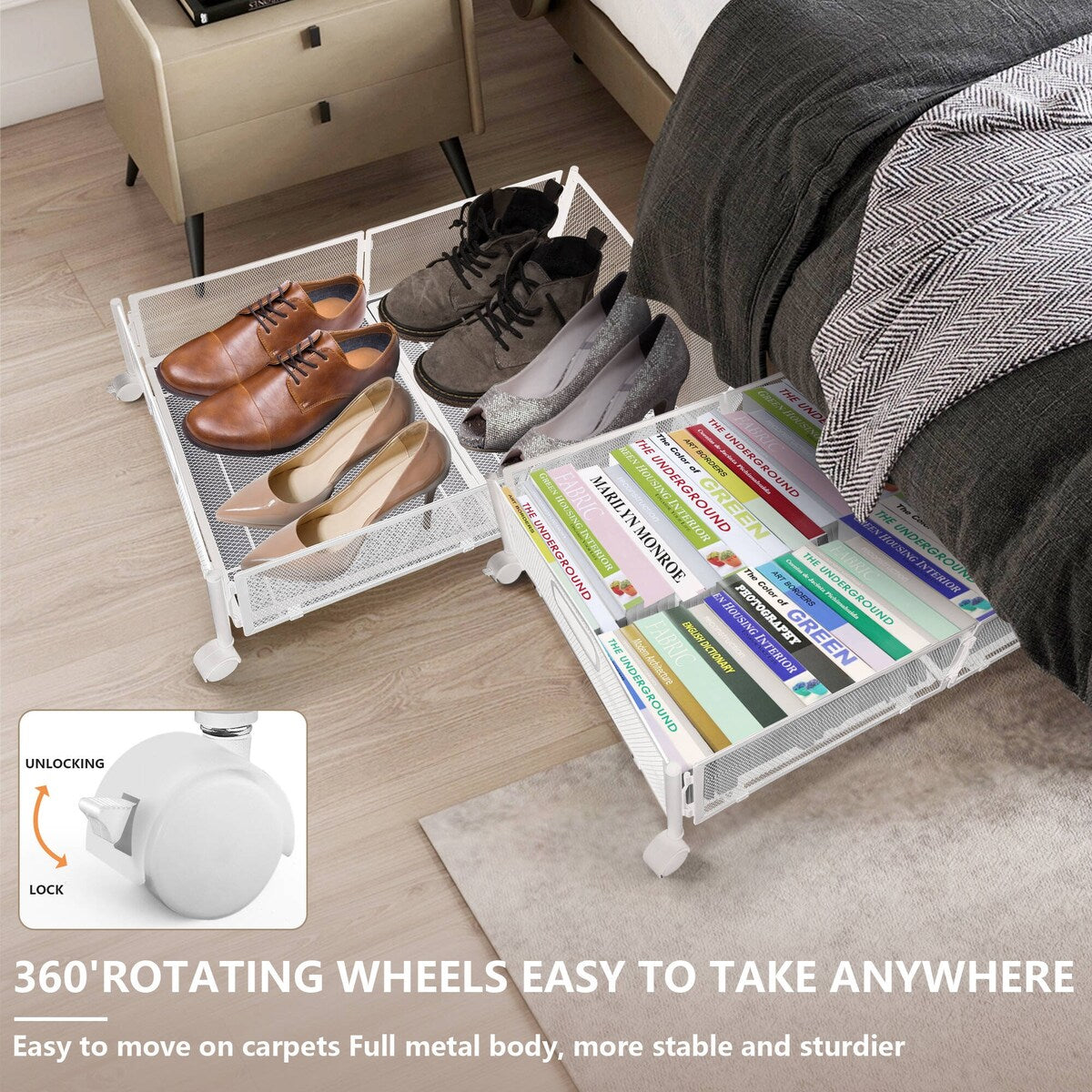 Under Bed Storage Containers With Wheels(2 Pack,black/white)