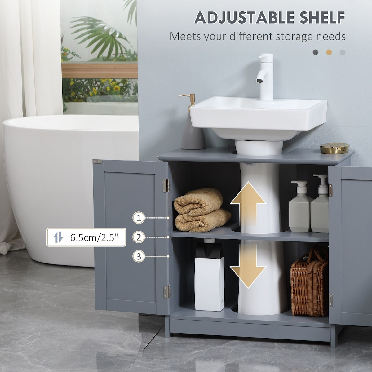 Under Sink Bathroom Cabinet with 2 Doors and Shelf, Pedestal Sink Bathroom Vanity Cabinet, Gray
