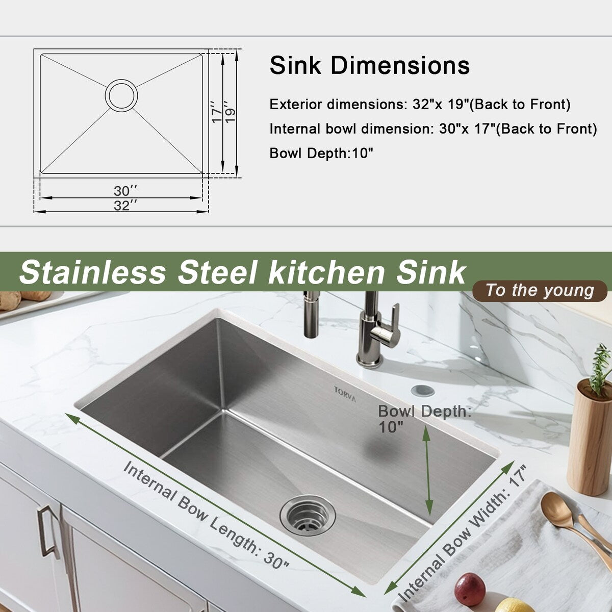 Undermount Kitchen Sink 16 Gauge Stainless Steel Single Bowl - 32 x 19 x 10 Inch Deep Basin