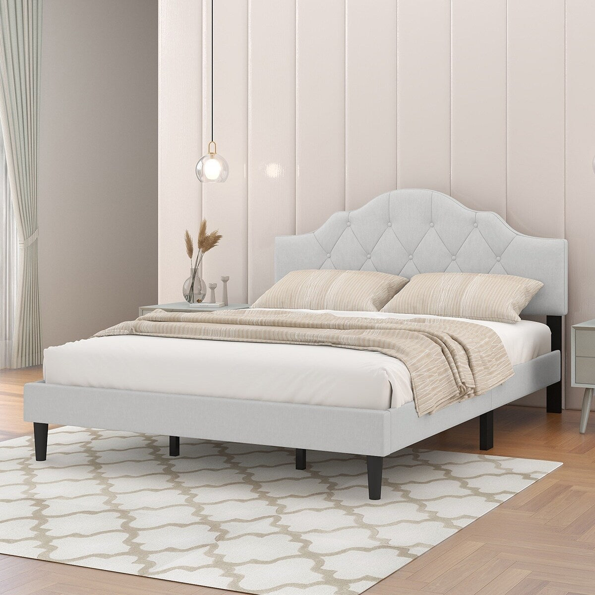 Unique Linen Light Beige Upholstered Queen Bed, 84''L*62''W*46''H, 61LBS