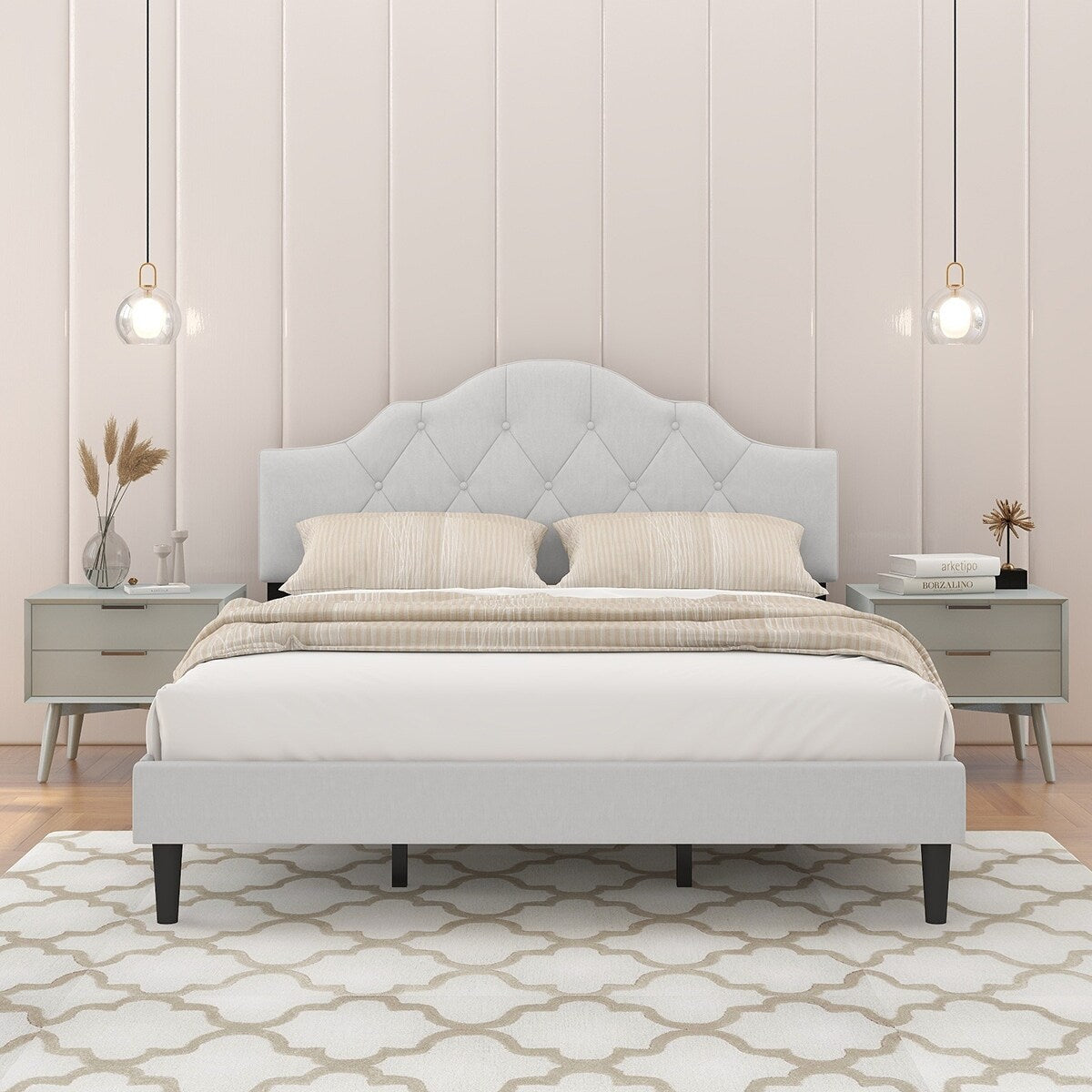 Unique Linen Light Beige Upholstered Queen Bed, 84''L*62''W*46''H, 61LBS