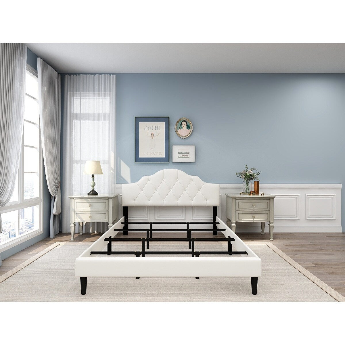 Unique Linen Light Beige Upholstered Queen Bed, 84''L*62''W*46''H, 61LBS