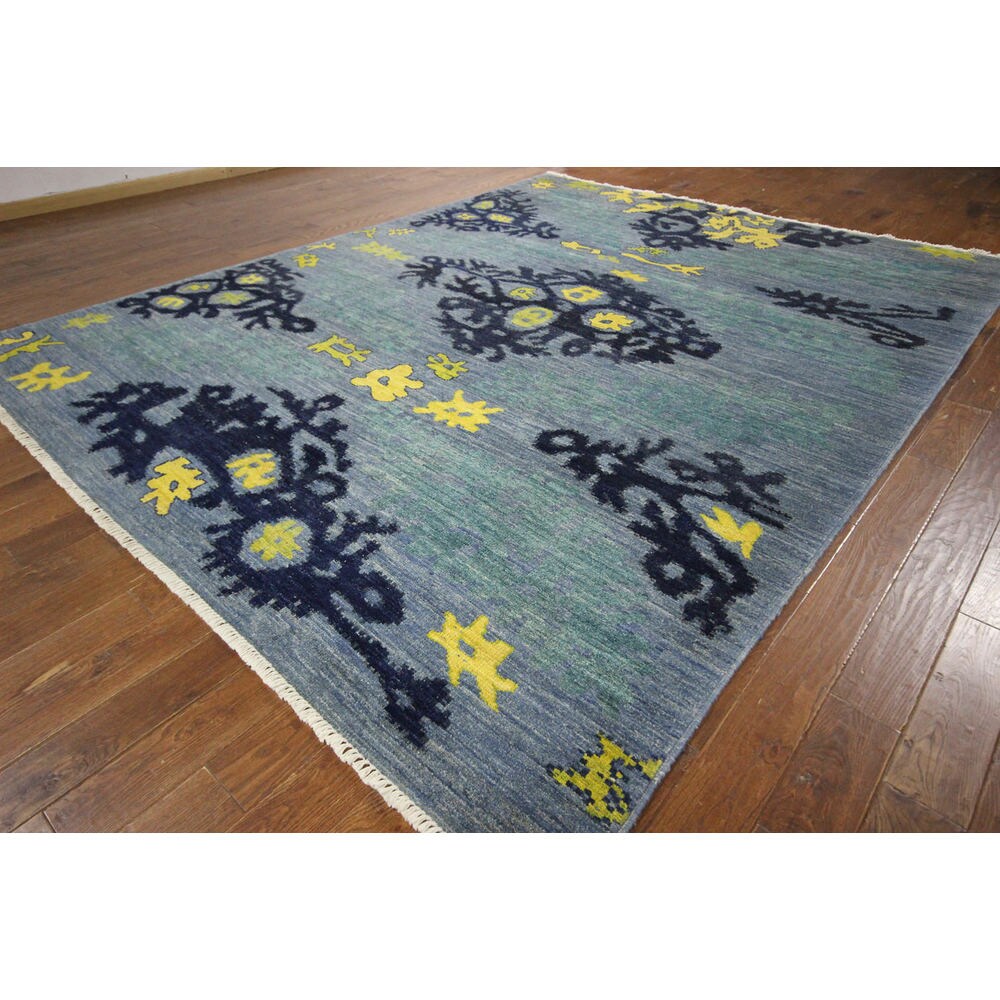 H8782 Unique Modern Collection Abstract Blue Hand-knotted Wool Area Rug (9' x 12')