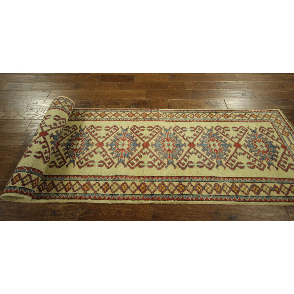 Unique Oriental Geo-floral Ivory Kazak Runner Hand-knotted Wool Rug (3' x 10')