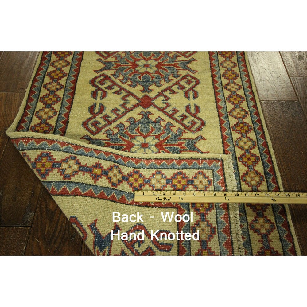 Unique Oriental Geo-floral Ivory Kazak Runner Hand-knotted Wool Rug (3' x 10')