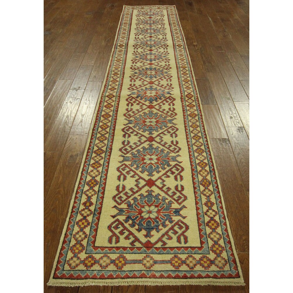 Unique Oriental Geo-floral Ivory Kazak Runner Hand-knotted Wool Rug (3' x 10')