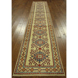 Unique Oriental Geo-floral Ivory Kazak Runner Hand-knotted Wool Rug (3' x 10')