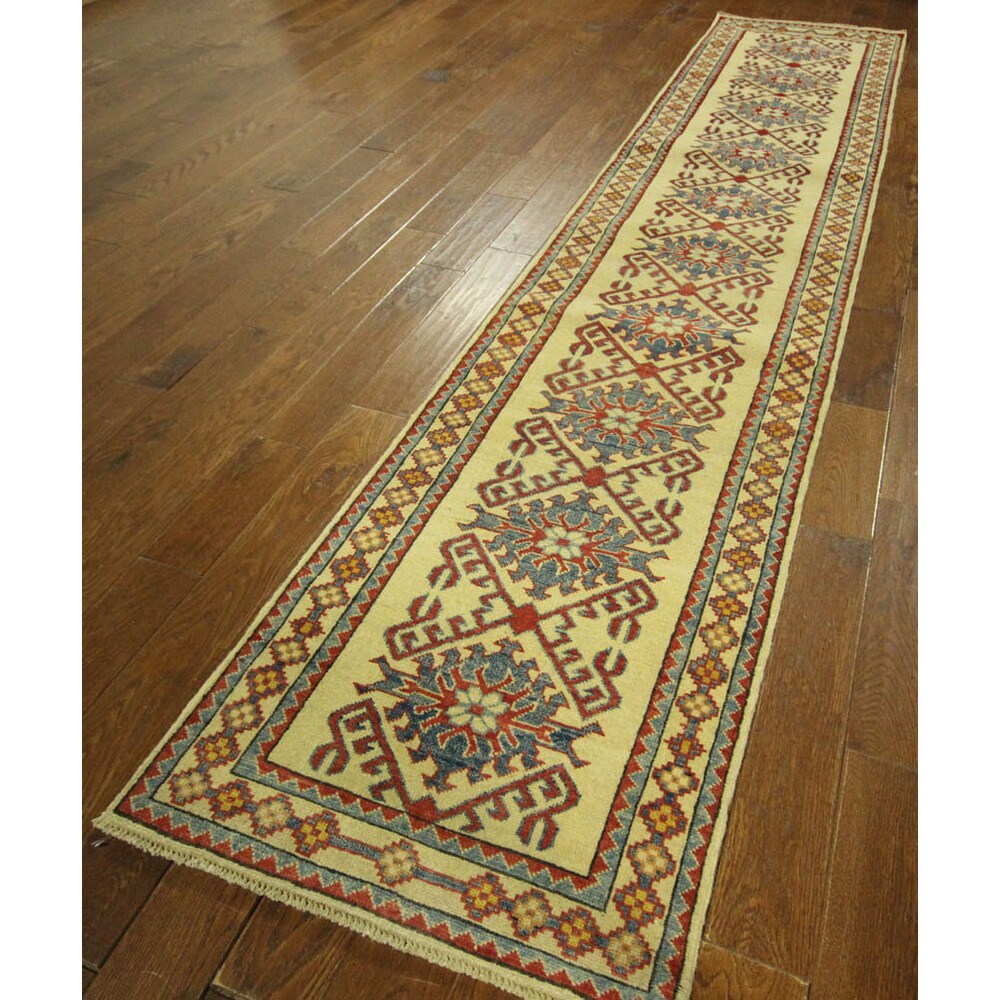 Unique Oriental Geo-floral Ivory Kazak Runner Hand-knotted Wool Rug (3' x 10')
