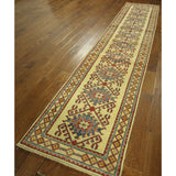 Unique Oriental Geo-floral Ivory Kazak Runner Hand-knotted Wool Rug (3' x 10')