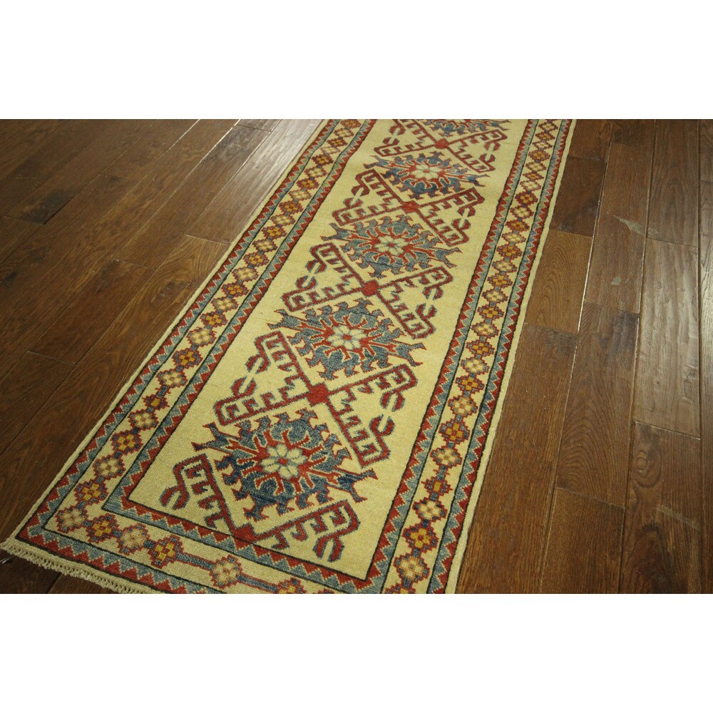 Unique Oriental Geo-floral Ivory Kazak Runner Hand-knotted Wool Rug (3' x 10')