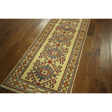 Unique Oriental Geo-floral Ivory Kazak Runner Hand-knotted Wool Rug (3' x 10')