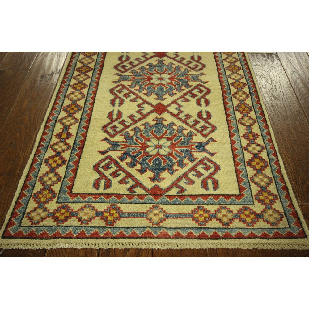 Unique Oriental Geo-floral Ivory Kazak Runner Hand-knotted Wool Rug (3' x 10')