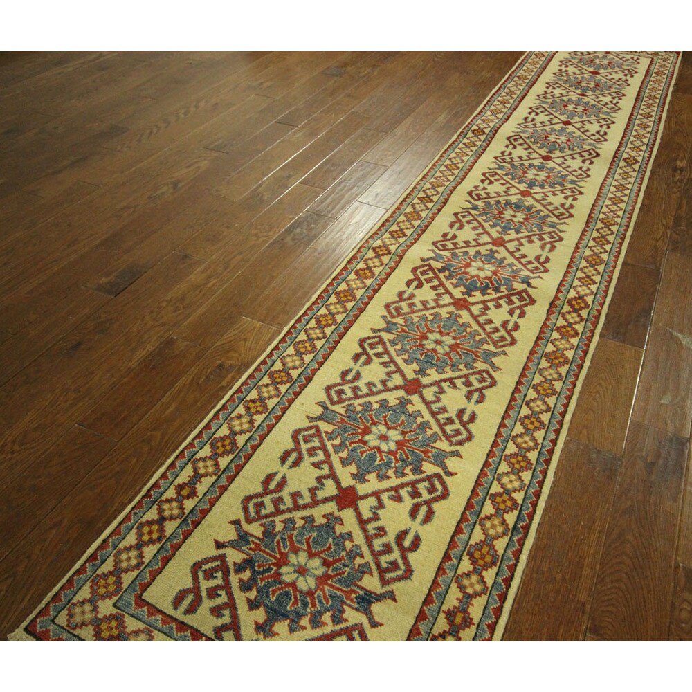 Unique Oriental Geo-floral Ivory Kazak Runner Hand-knotted Wool Rug (3' x 10')