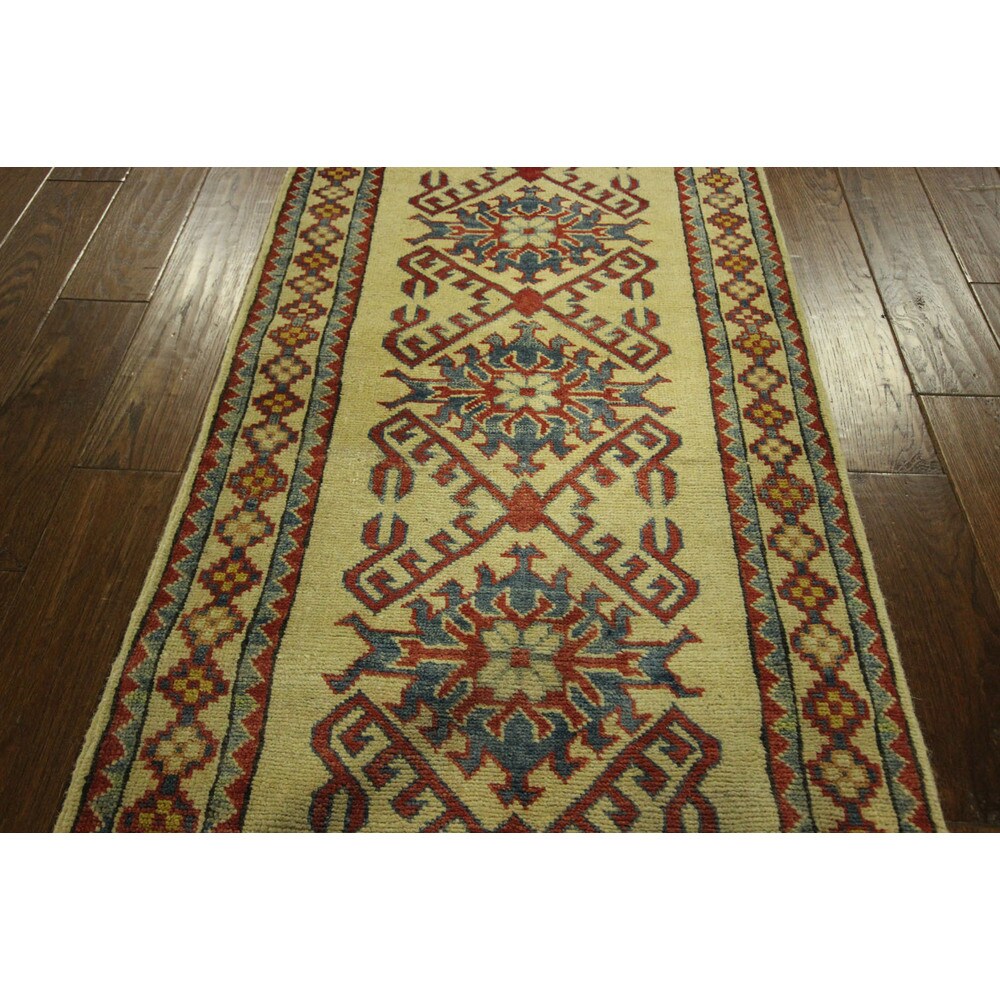 Unique Oriental Geo-floral Ivory Kazak Runner Hand-knotted Wool Rug (3' x 10')