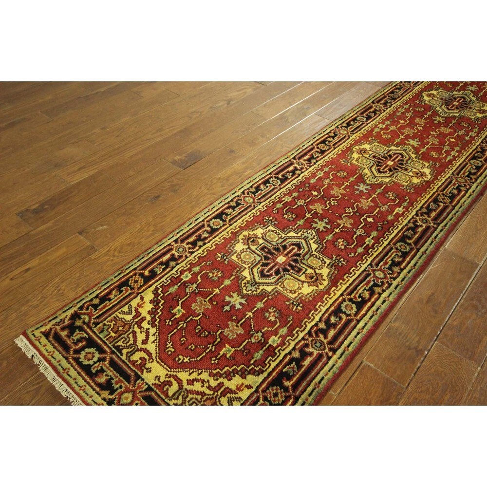 Unique Red and Black Heriz Runner Serapi Hand Knotted Oriental Wool Rug - 2'6 x 12'5