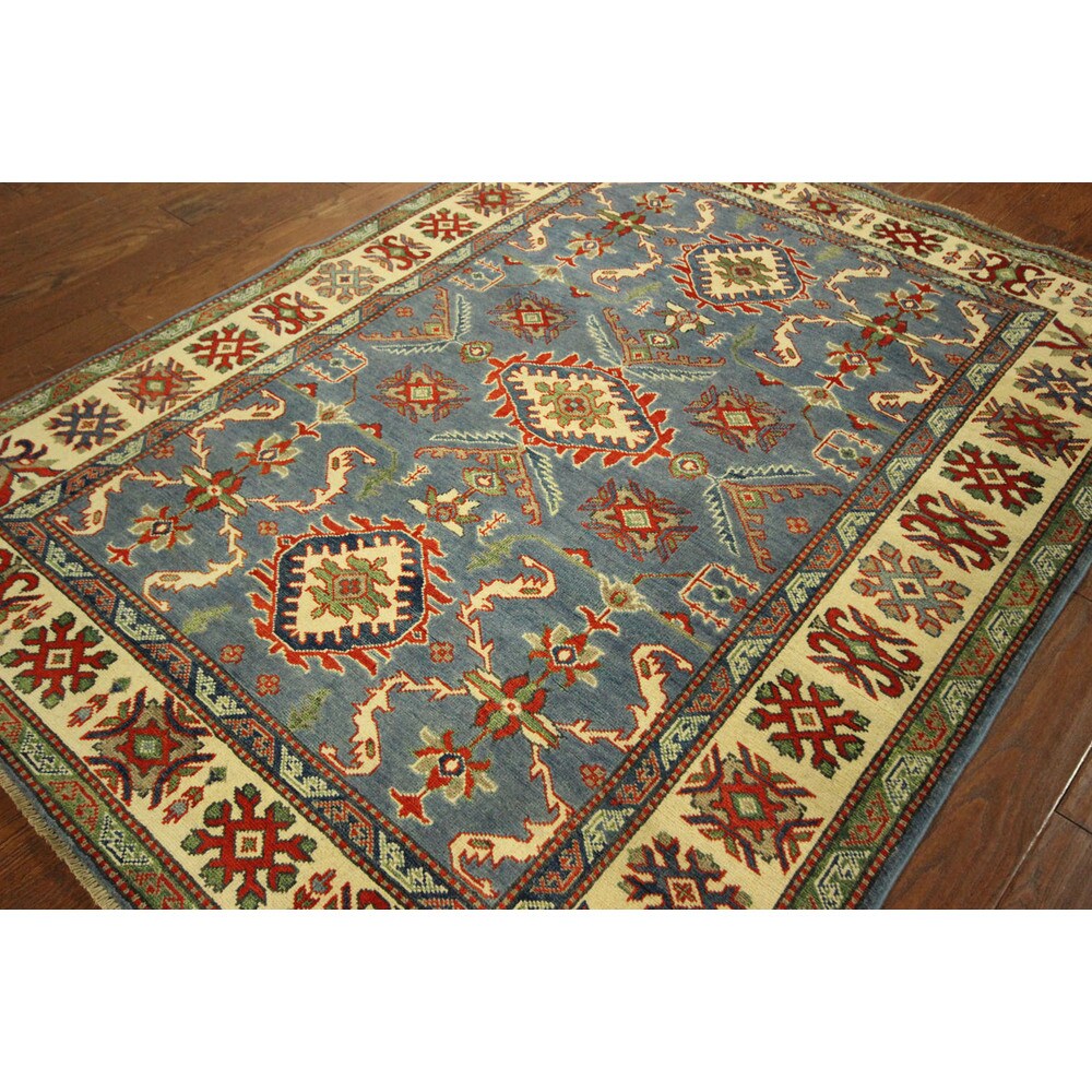Unique Steel Blue Pakistani Kazak Hand-knotted Wool Area Rug (5' x 7')