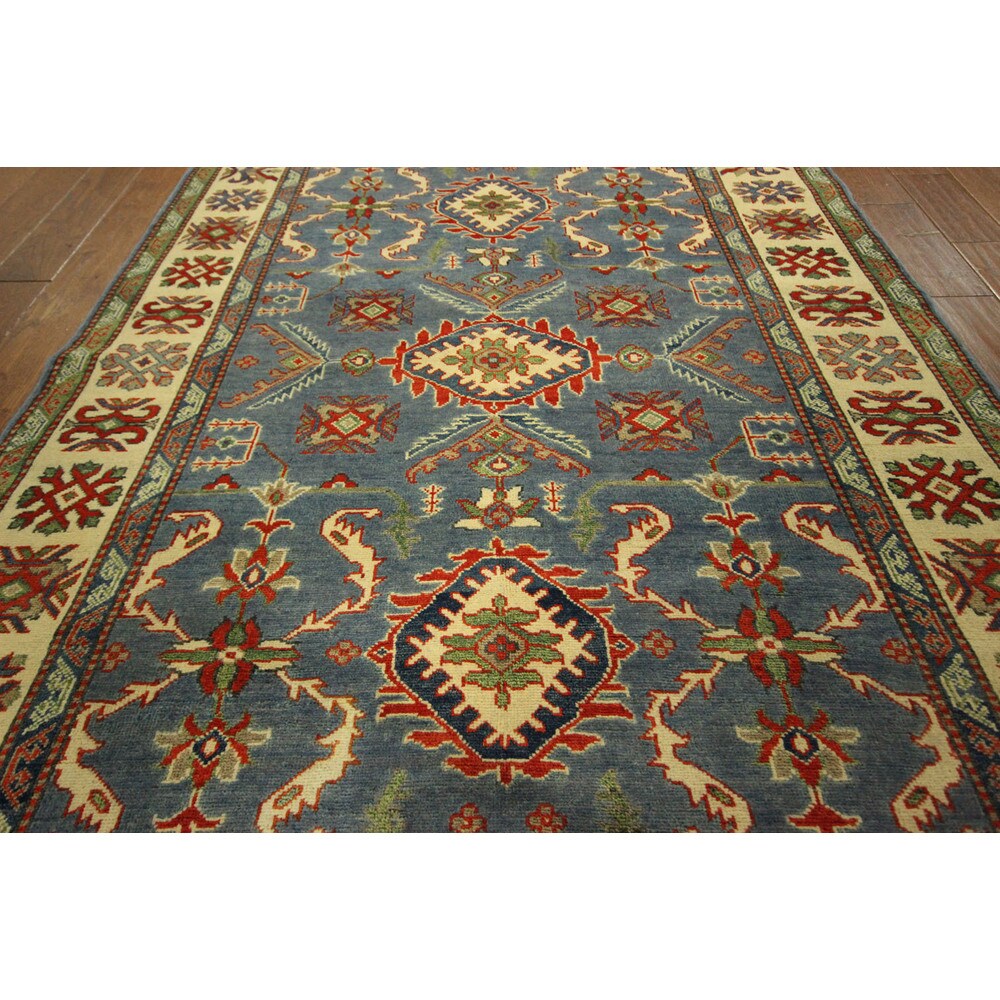 Unique Steel Blue Pakistani Kazak Hand-knotted Wool Area Rug (5' x 7')