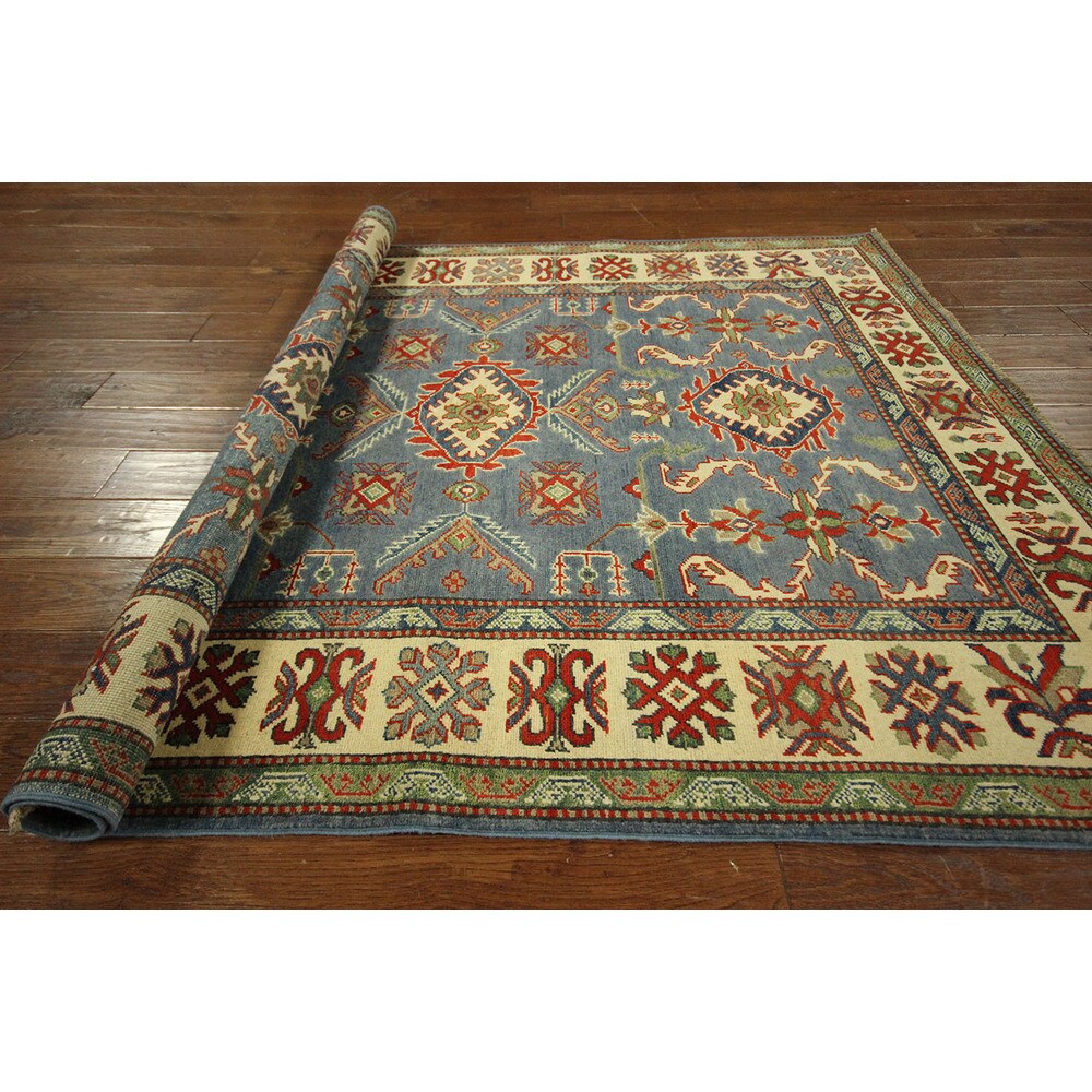 Unique Steel Blue Pakistani Kazak Hand-knotted Wool Area Rug (5' x 7')