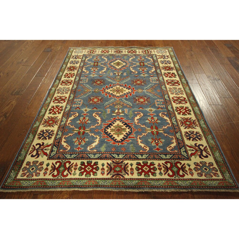 Unique Steel Blue Pakistani Kazak Hand-knotted Wool Area Rug (5' x 7')