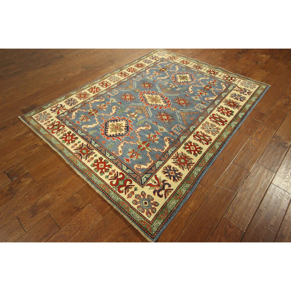 Unique Steel Blue Pakistani Kazak Hand-knotted Wool Area Rug (5' x 7')