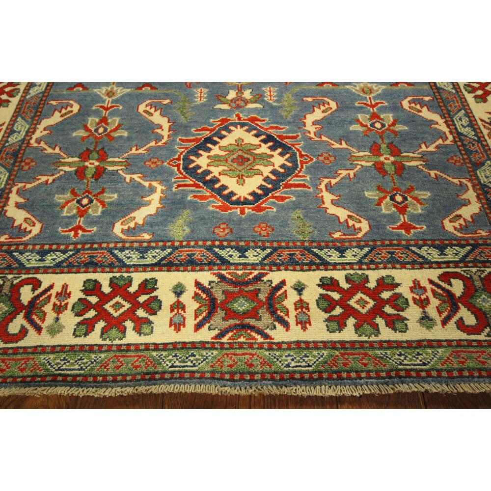Unique Steel Blue Pakistani Kazak Hand-knotted Wool Area Rug (5' x 7')
