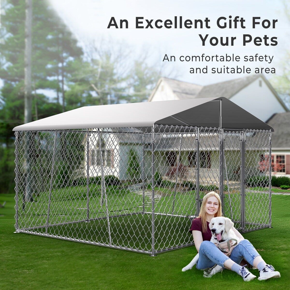 Outdoor Dog Kennel with Roof and Bowls, Large Dog House Pen Enclosure with Sidebar