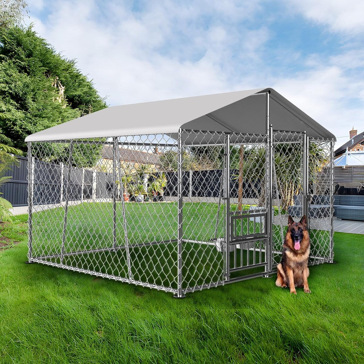 Outdoor Dog Kennel with Roof and Bowls, Large Dog House Pen Enclosure with Sidebar