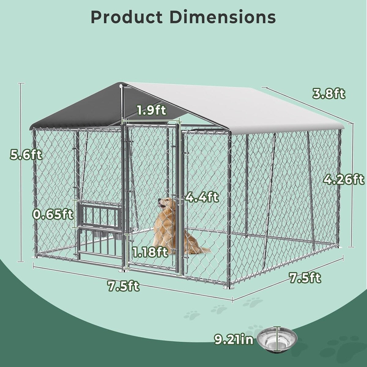 Outdoor Dog Kennel with Roof and Bowls, Large Dog House Pen Enclosure with Sidebar