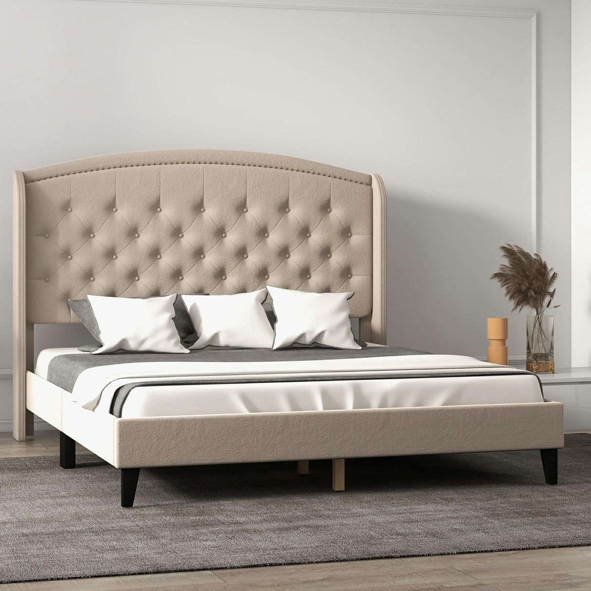 Upholsted Bed Frame with Wingback Headboard, King Size
