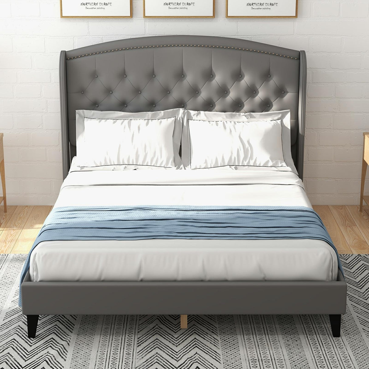 Upholsted Bed Frame with Wingback Headboard, King Size