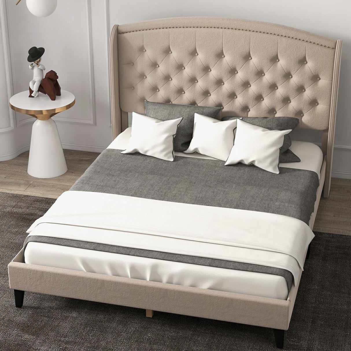 Upholsted Bed Frame with Wingback Headboard, King Size